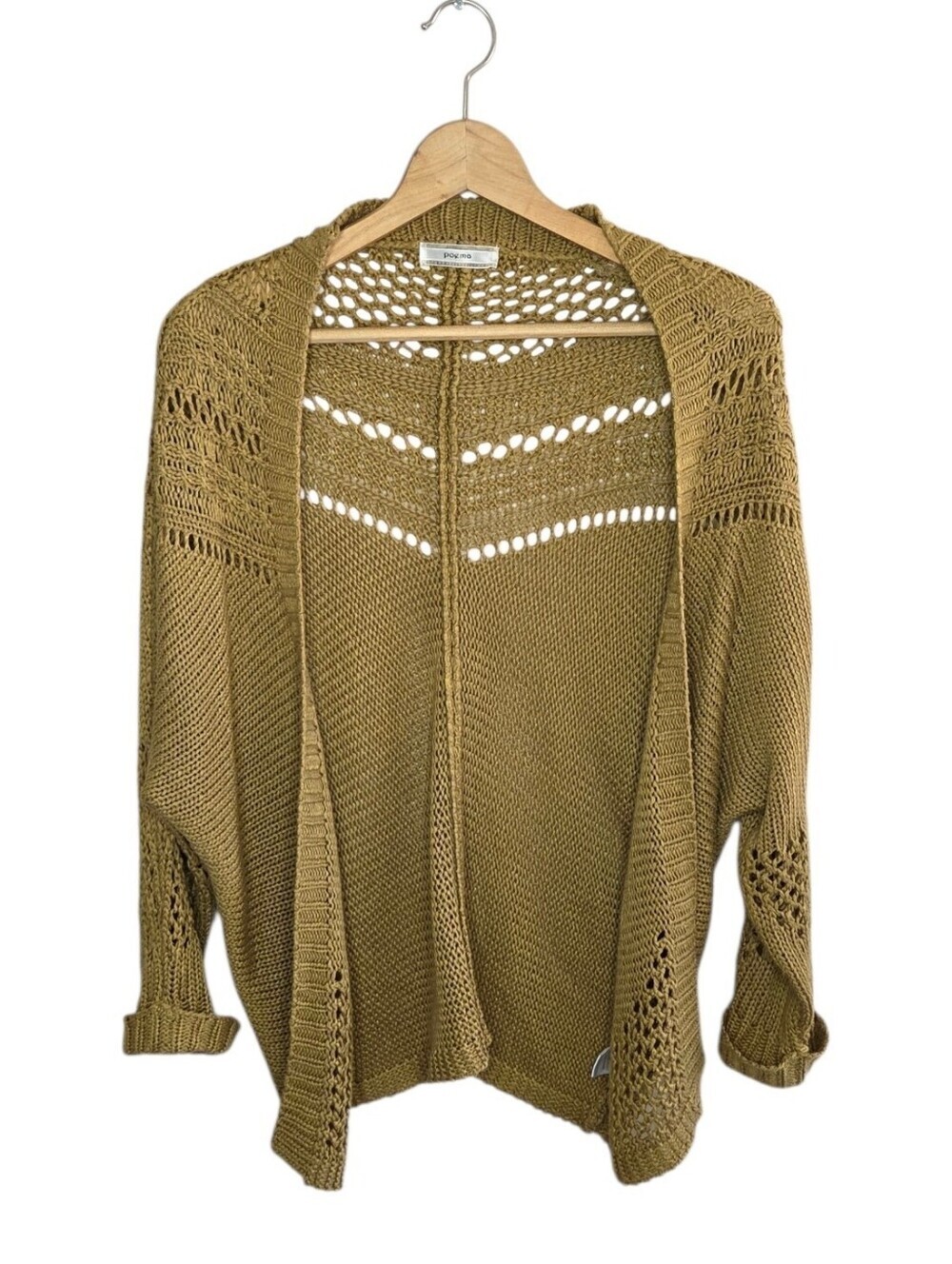 Poema Mustard Tan Open Knit Open Front Cardigan Sweater Casual Cozy Boho